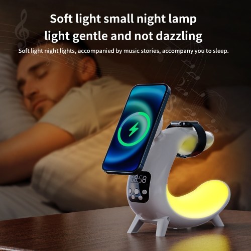 Bedside Table Lamp Colorful Night Light Wireless Charging for Cell Phone Watch Headphones Can be used as BT Audio/Clock/Ambient Light 