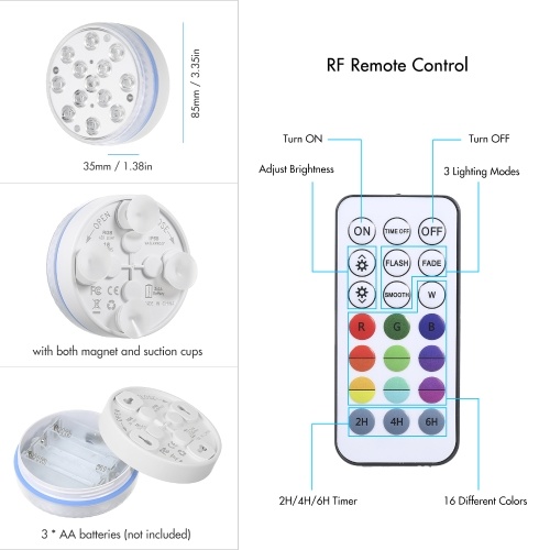 

Tomshine 13 LEDs Underwater Pool Lights with RF Remote Control Battery-operated RGBW 16 Colors Submersible Lamp