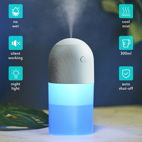 Charge de bureau USB Mini humidificateur de brume fraîche 300ml Pulvérisateur à air Arrêt automatique Modes intermittents continus Couleur changeante LEDs Veilleuse Veilleuse pour bureau de voiture de chambre à coucher