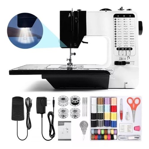 Macchina da cucire portatile con tavolo allungabile Macchina da cucire elettrica incorporata da 38 punti Supporti regolabili a doppia velocità Cucitura inversa/Avvolgimento automatico del filo/Cucire maniche con luce LED per principianti