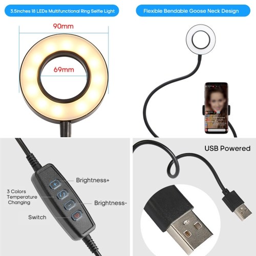 

DC5V 8W 18 LEDs 3.5Inches R-ing Selfie Light Round Camera Clamp Clip Lamp with Flexible Bendable Foldable Goose Neck Deisgn USB Powered Operated 10 Levels Adjustable Brightness Dimmable/3 Colors Temperature Changing/ 360° Rotatable & Stretchable Phone Hol