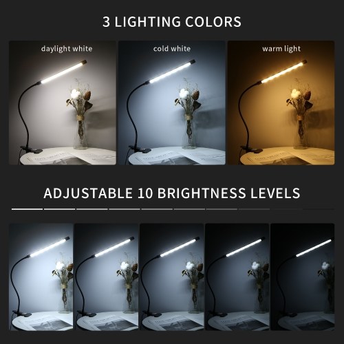 LEDs Clip-on Desk Lamp Dimmable Flexible Lighting Angle Reading Light 3 Lighting Modes & 10 Brightness Levels