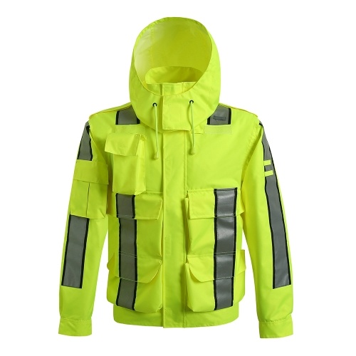Sicherheitsregenjacke Wasserdicht Reflektierend Hohe Sichtbarkeit mit abnehmbarer Kapuze Sicherheitsregenmantel Verkehrsjacke für Erwachsene Gelb Größe M