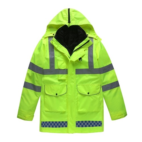 5-in-1-Sicherheitsregenjacke Hohe Sichtbarkeit Wasserdicht Reflektierender Regenmantel mit Baumwollmantel Abnehmbare Kapuze Einstellbare Sicherheitsregenjacke Verkehrsjacke für Erwachsene Gelb Größe M