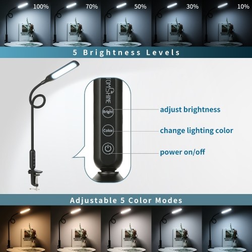 

Tomshine 12W Clip-on Table Light Touching Control 2800-5500k 5 Color Modes & 5 Brightness Levels 30min Timer Eye-caring Flexible Swing Arm Lamp with Clamp Multifunctional Space Saving Table Lamp for Home Office Workbench
