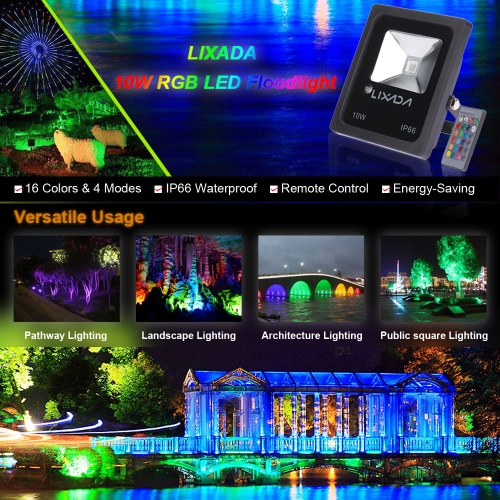 

Lixada 10W LED RGB Floodlight Outdoor Security Floodlight Water-resistant IP66 Multi Color Changing Spotlight Remote Control Provided Wall Washer Light