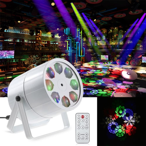 

24W 8 Channels Mini 8 LEDs RGBW Pattern Stage Light 8 Patterns Effect Lamp Support DMX512 Sound Activation Auto Run IR Remote Control for Indoor KTV Party Club Disco Pub Bar Banquet School Show Wedding