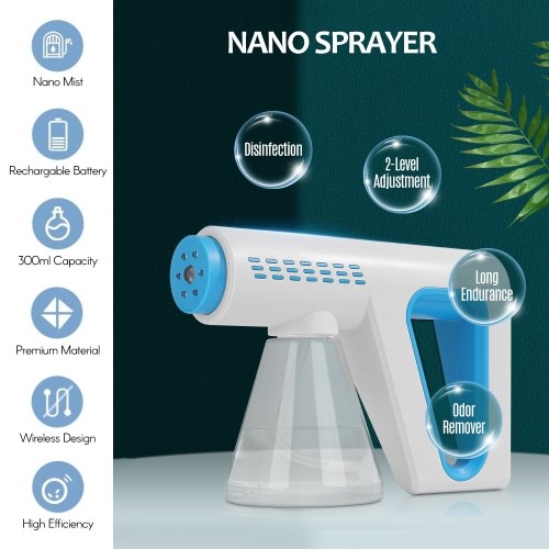 

Nano Atomizer Sprayer Wireless Blue Light Handheld Rechargeable Disinfectant Fogger Machine 300ml/11oz Capacity 2 Levels Adjustment Sanitizing Fogger Sprayer Nano Spray Machine Humidifier for Home Office School Salon