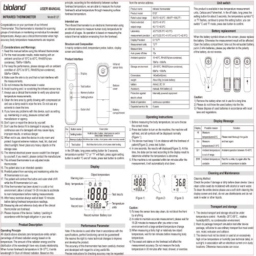 

E127 Forehead Thermometer with Fever Alarm and Memory Function Non-Contact Kid and Adult Infrared Thermometer for Body Surface (Chinese Manual)