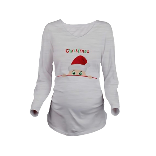 Maternity Shirt Long Sleeve Pregnancy Mom Tops Tee Christmas Santa White L