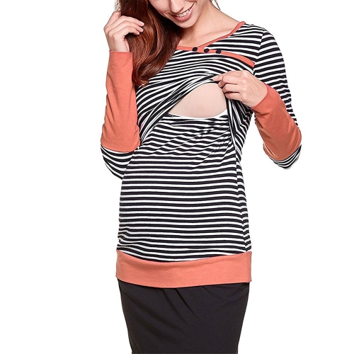 Womens Maternity Striped Nursing Breastfeeding Shirt Long Sleeves Top Clothes