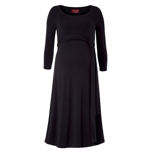 Women Maternity Nursing Dress Ruched Robe Round Neck 3/4 Sleeve Pregnancy Clothes With Belt Black S