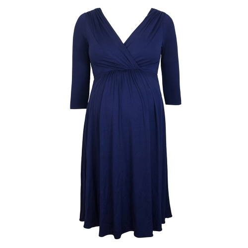 Women Maternity Dress Robe Ruched V-Neck 3/4 Sleeve Nursing Pregnancy Clothes Dark Blue S