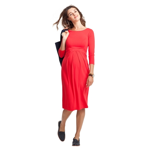 Women Maternity Dress Ruched Robe Round Neck 3/4 Sleeve Pregnancy Clothes Red S