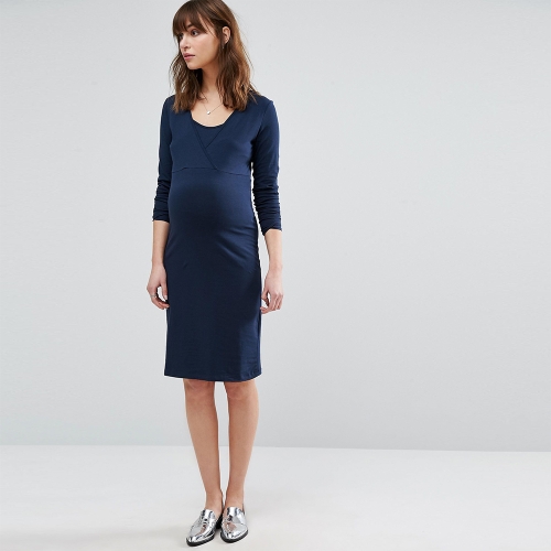 

Платье для беременных женщин для беременных Ruched Robe Round Neck 3/4 Sleeve Pregnancy Clothes Black S