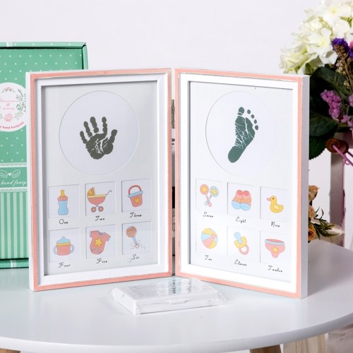 

DIY Baby Отпечаток пальца Picture Frame Kit Складная деревянная рамка для фотографий Нетоксичная чернила Inkpad Pink