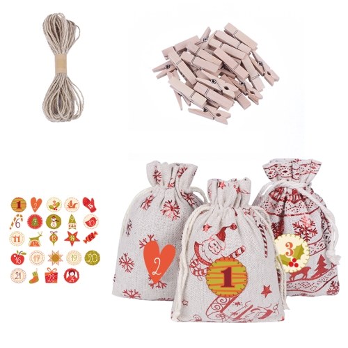 Sac de bonbons de Noël Sacs en lin 24pcs Assortiment de sacs d'emballage de cadeaux de Noël Clips Conception d'autocollants avec bonhomme de neige Santa Claus Elk pour la fête d'anniversaire de Noël