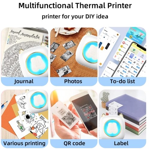 Mini Pocket Printer Portable Thermal Printer with 16 Roll Thermal Paper 57x25mm Gift for Kids Study Work Office Compatible with Android iOS System