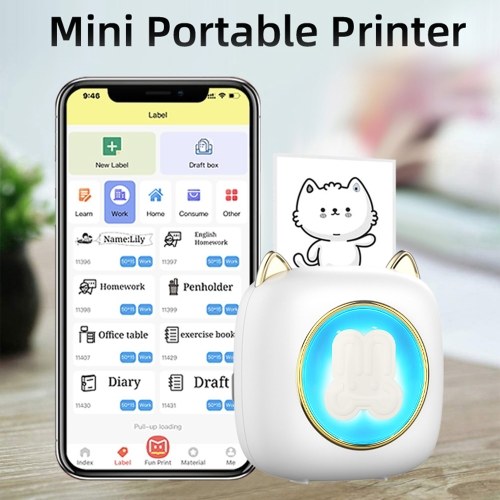 

Mini Pocket Printer Portable Thermal Printer with 6 Roll Thermal Paper 57x25mm Gift for Kids Study Work Office Compatible with Android iOS System