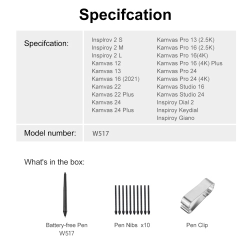 W517 Battery-free Stylus Pen 8192 Pressure Levels with 2 Customize Keys with 10pcs Nibs 