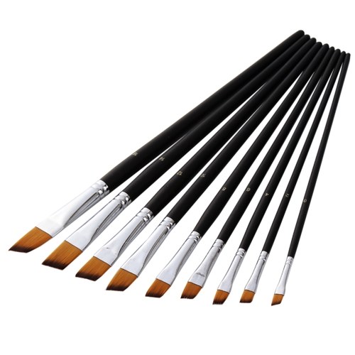 9pcs Professional Artist Paint Brushes Set Black Long Wooden Handle Nylon Hair Paintbrush for Acrylic Oil Watercolor Gouache Drawing Art Supplies, Flat Tip