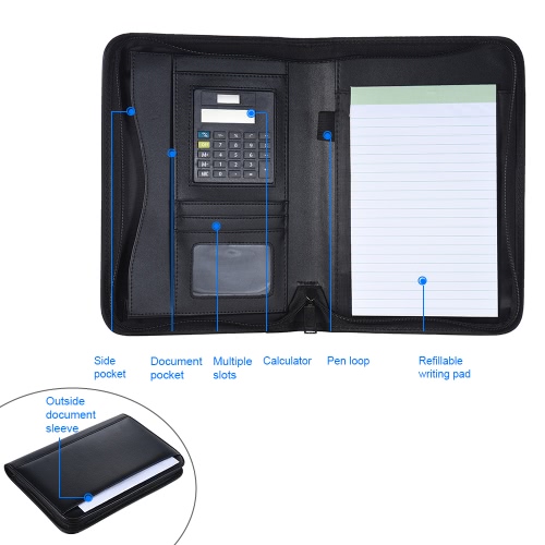Portable Professional Business Portfolio Padfolio Folder Document Case Organizer A5 PU Leather Zippered Closure with Calculator Card Holder Memo Note Writing Pad 