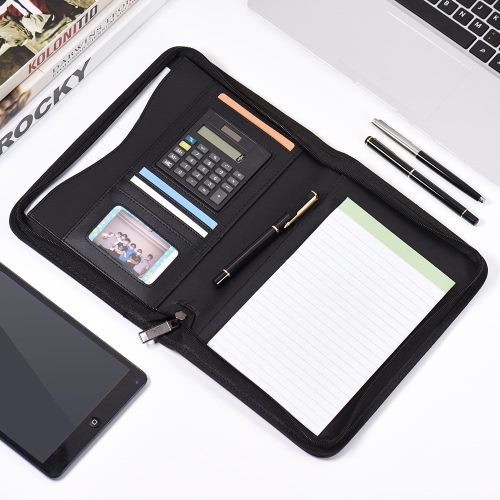 Portable Professional Business Portfolio Padfolio Folder Document Case Organizer A5 PU Leather Zippered Closure with Calculator Card Holder Memo Note Writing Pad 