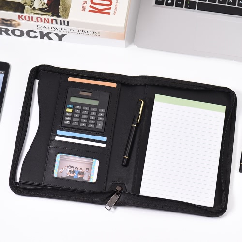 Portable Professional Business Portfolio Padfolio Folder Document Case Organizer A5 PU Leather Zippered Closure with Calculator Card Holder Memo Note Writing Pad