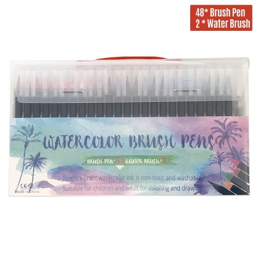 48 Vibrant Watercolor Brush Pens with Soft Flexible Brush Tips Artists Painting Markers Water Soluble Ink Refillable Water Blending Brush for Adult Children Painting Drawing Coloring Calligraphy