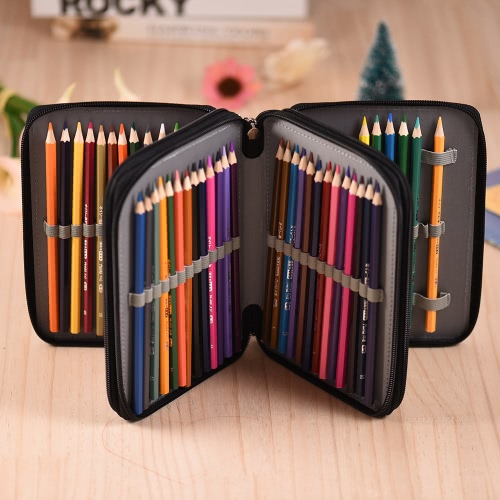 

72 Slots Zippered Color Pencil Case Portable Pencil Bag with Handle Strap Large Capacity PU Leather