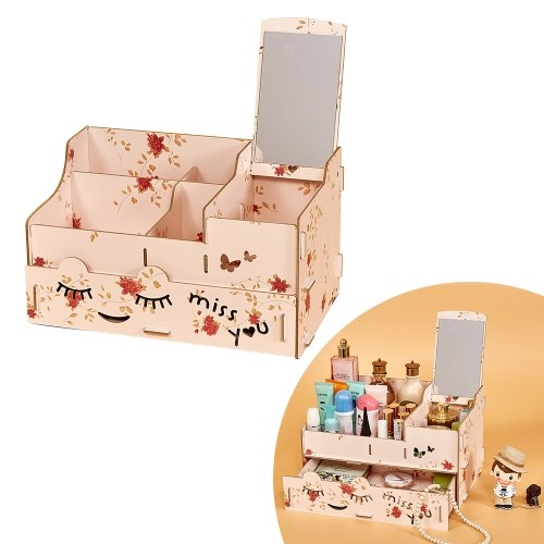Wood Makeup Organizer Case with Mirror Desktop Multi Slots Storage Holder for Jewlry Cosmetic Supplies