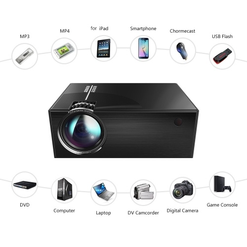 

Portable LCD Projector Full HD LED Projector Can Synchronize Smart Phone Screen 1080P Supported 50000 Hours Lamps Life Support HD/ USB/ VGA/ AV/ Headphone/ SD Card Input for Home Theater Entertainment