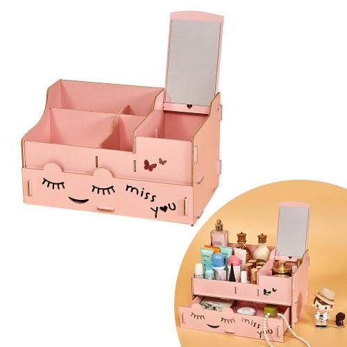 

Wood Makeup Organizer Case with Mirror Desktop Multi Slots Storage Holder for Jewlry Cosmetic Supplies