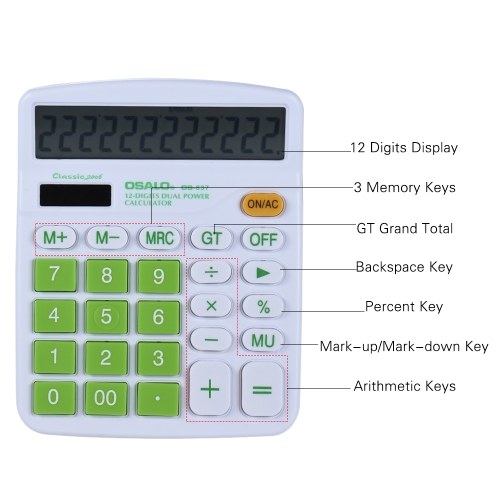 

Electronic Calculator Counter Solar & Battery Power 12 Digits Multi-functional Big Button Business Office School Scientific Calculate