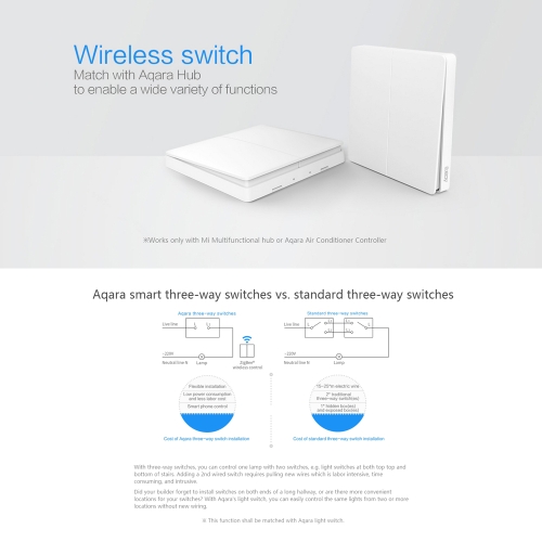 

Xiaomi Aqara ZigBee 2-key Smart Home Wireless Wall Switch Three-way via Phone APP