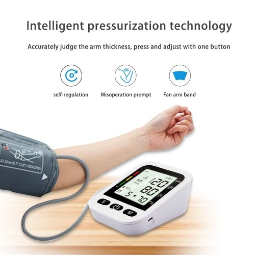 

Arm Electronic Blood Pressure Monitor Portable Sphygmomanometer Heart Rate Alarm with Automatic Digital LCD Display Intelligent Pressurization Voice Broadcast Smart Blood Pressure Device