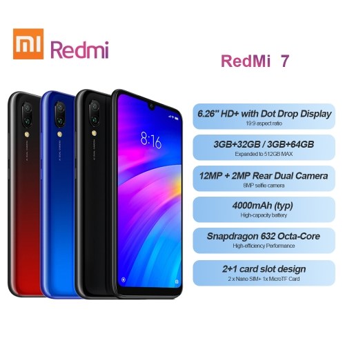 

Xiaomi Redmi 7 Mobile Phone 3GB RAM 32GB ROM Snapdragon 632 Octa Core 12MP 6.26inch HD+ 4000mAh Battery Dual SIM Triple Card Slot Face ID Unlocked Smartphone