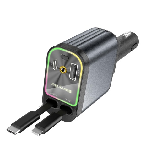 4-in-1 Einziehbares Autoladegerät mit USB- und Typ-C-Port-Autoladegeräten mit LED-Leuchten