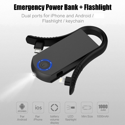 

Power Bank + Flashlight Outdoor Emergency Charger Keyring Built-in Interchangeable Lightning Cable and Micro USB Cable 1000mAh Battery