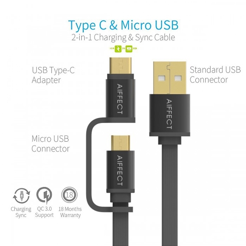 

AIFFECT 2 Pack 3.3Ft USB 2.0 to Micro USB / Type C Charging Cable Sync Data Line Cord for Samsung 2-in-1