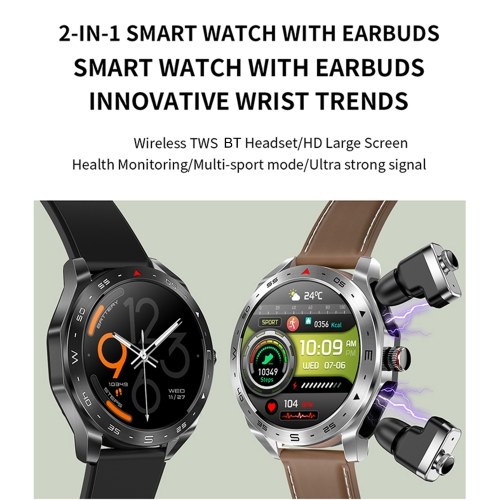T95 2-in-1 Smart Watch with Earbuds Sport Watch with 1 Leather Strap & 1 Silicone Strap 