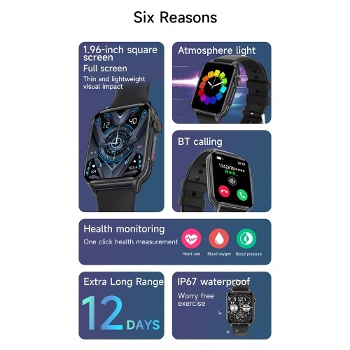 P6 Multifunctional Smart Watch: 1.96-inch High-Resolution Display, BT Call, IP67 Waterproof, Fitness & Health Tracker 