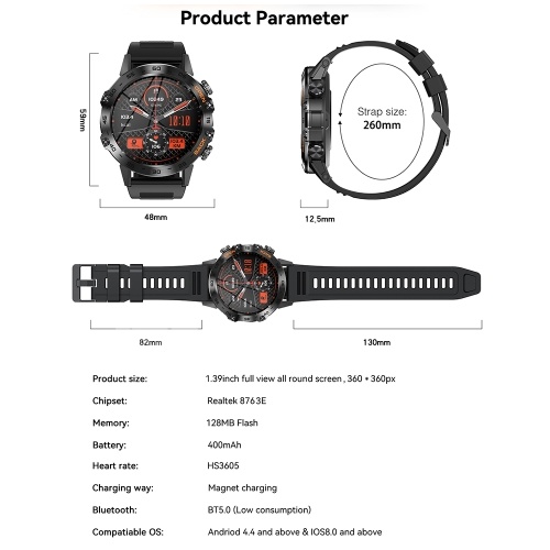 K52 Smart Watch with BT Call for Android/iOS 1.39-inch Large IPS Screen Smartwatch 