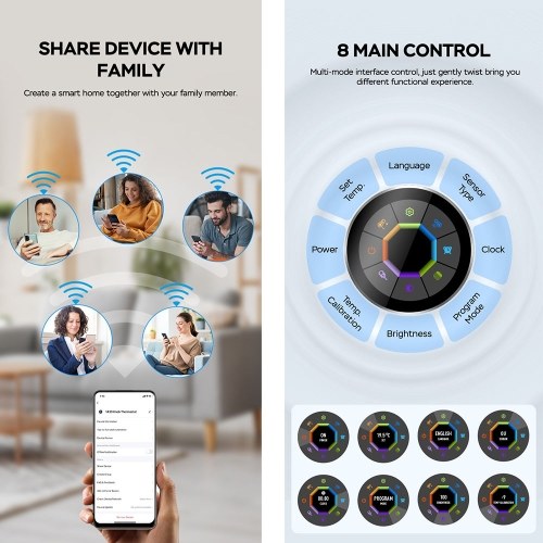 TUYA Smart Thermostat - 1.32in Screen, WiFi Control, 7 Ambient Lights, for Water/Electric Floor/Gas Boiler Heating