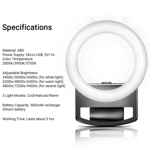 

Portable Selfie Ring Light with Rechargeable Battery and Dimmer Clip-on Mini LED Beauty Ring Light with White/Warm/Neutral Lights for Phone Laptop Computer Tablet