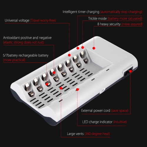 

KKmoon Высокая Скорость 8 Слот AA AAA Ni-MH Ni-Cd 2/4/6/8 Батарея Заряжатель Защита от Перегрева Сверхтка с LED Светом