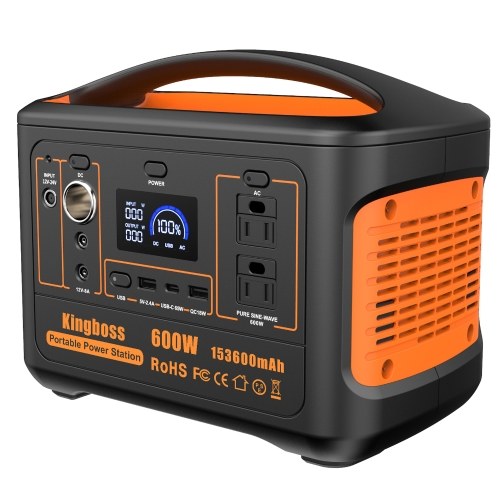 

Портативная электростанция Kingboss 600 Вт 153600 мАч Портативный источник большой емкости с розетками переменного / постоянного тока / автомобиля / USB и цифровым дисплеем для экстренных случаев на открытом воздухе