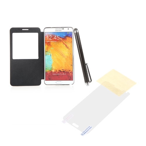 Stift + Display Film + Flip PU Leder Smart View Batterie Gehäuse Tasche Case Hülle für Samsung N9000 Galaxy Hinweis3: schwarz