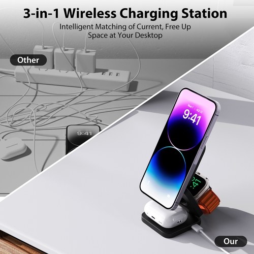 

KU XIU X55 Fast Wireless Charger 3 in 1 Charging Station Magnetic Foldable Travel Charging Station