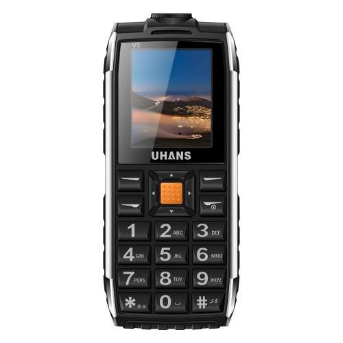 

UHANS V5 Feature Phone 2G GSM 6531DA 1,7 дюйма 128 * 160Pixels экрана 32M + 32M 0.3MP Задняя камера Видео Аудио FM-радио TF карта фонарик Большие клавиши слова громкого звука 2500mAh батареи